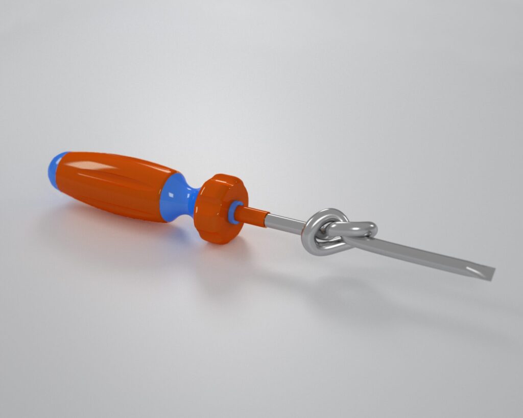 Render 3D di un cacciavite con manico arancione e blu