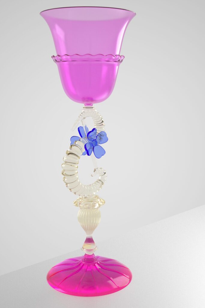Render 3D di un calice in vetro soffiato rosa con decoro floreale