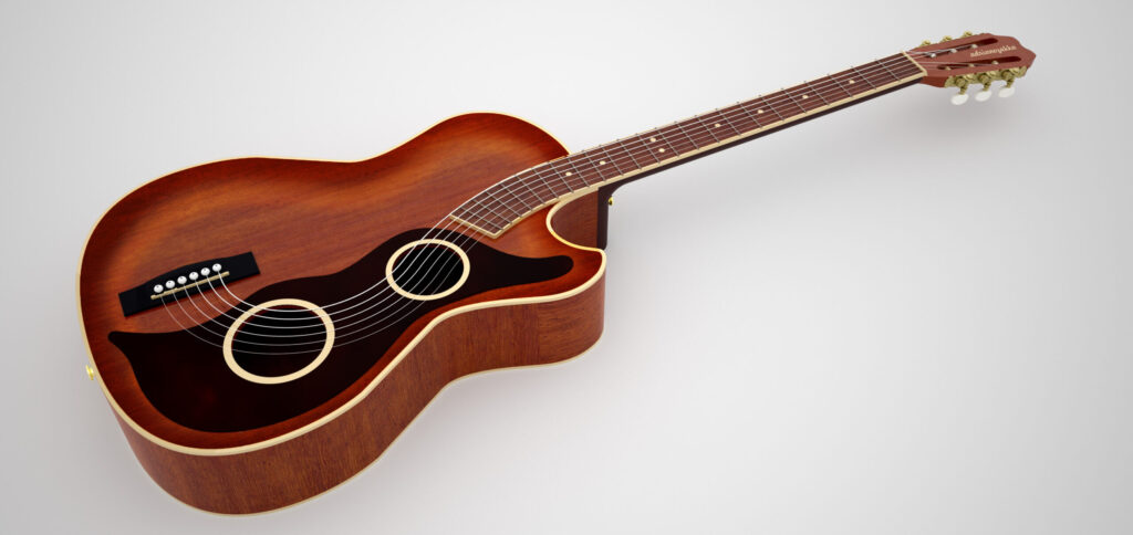 Render 3D di una chitarra acustica in legno