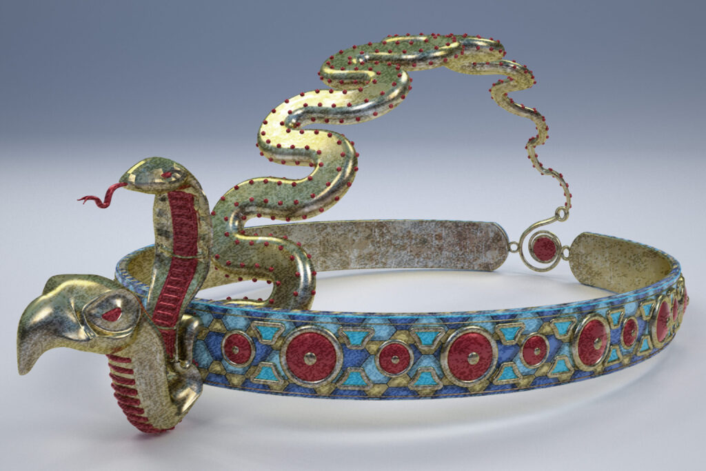 Render 3D di un copricapo gioiello con serpenti e pietre colorate