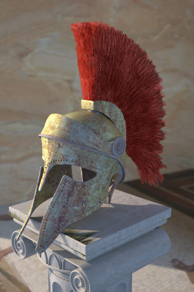 Render 3D di un elmo spartano con cresta rossa su basamento in pietra