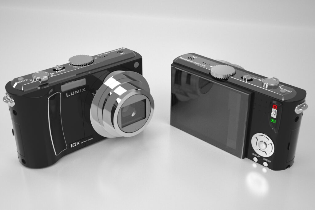 Render 3D di due fotocamere compatte, viste di fronte e di retro