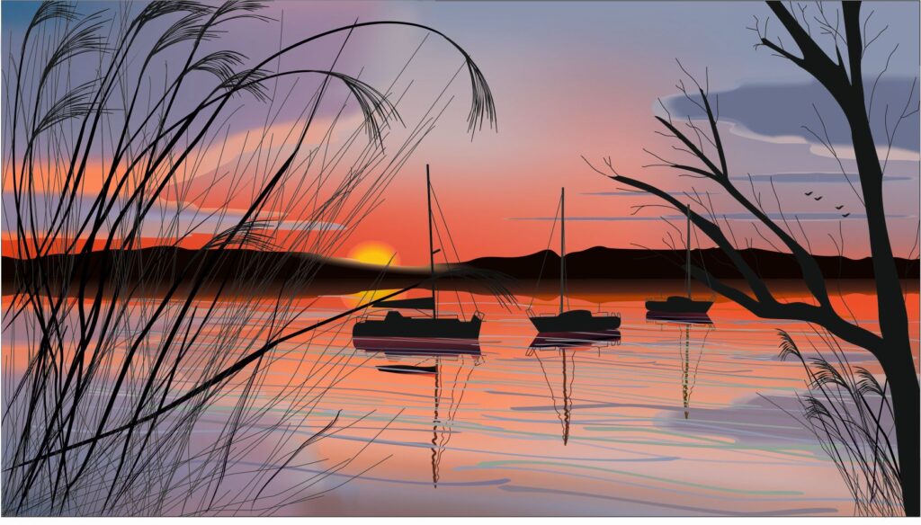 Illustrazione vettoriale di un lago al tramonto con barche e canneti