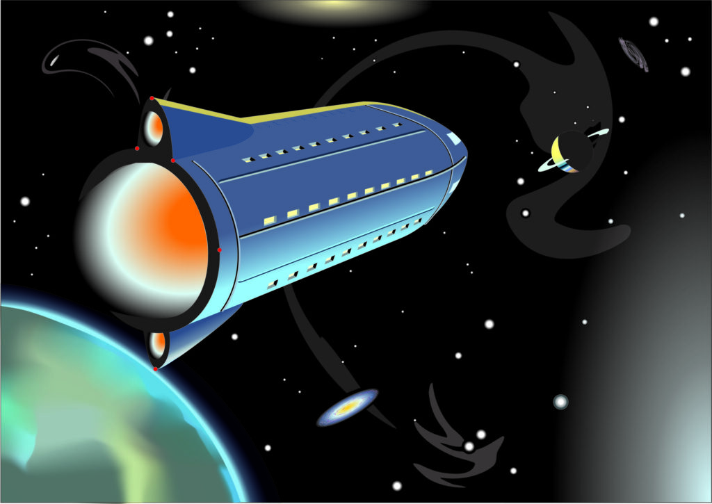 Illustrazione vettoriale di un razzo nello spazio con pianeti sul fondo