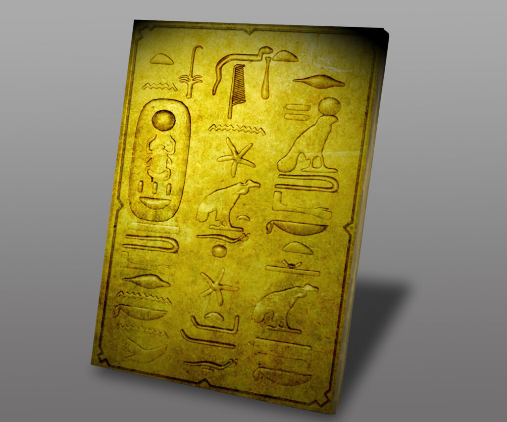 Render 3D di una stele egizia dorata con geroglifici