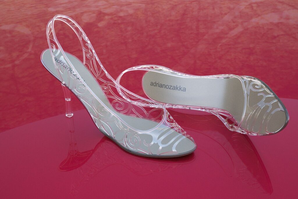 Render 3D di una scarpa con tacco a spillo trasparente su fondo rosso