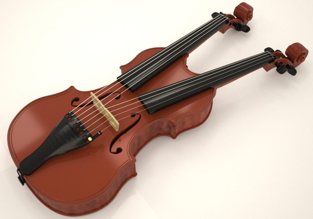 Render 3D di un violino su fondo chiaro