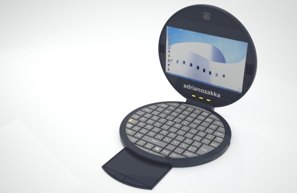 Render 3D di un computer portatile dalla scocca circolare