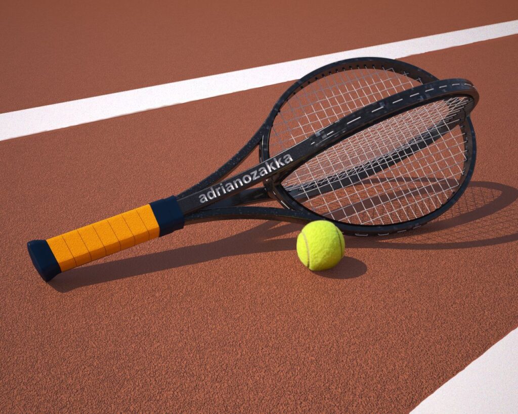 Render 3D di una racchetta da tennis con pallina su campo in terra rossa