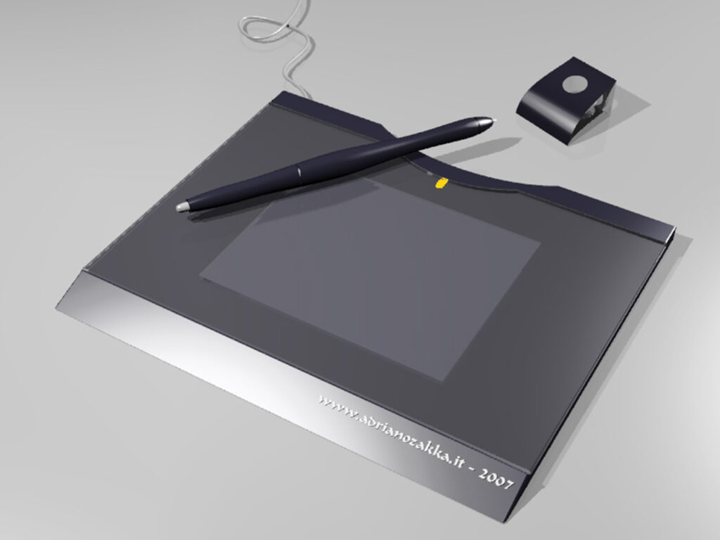 Render 3D di una tavoletta grafica con penna