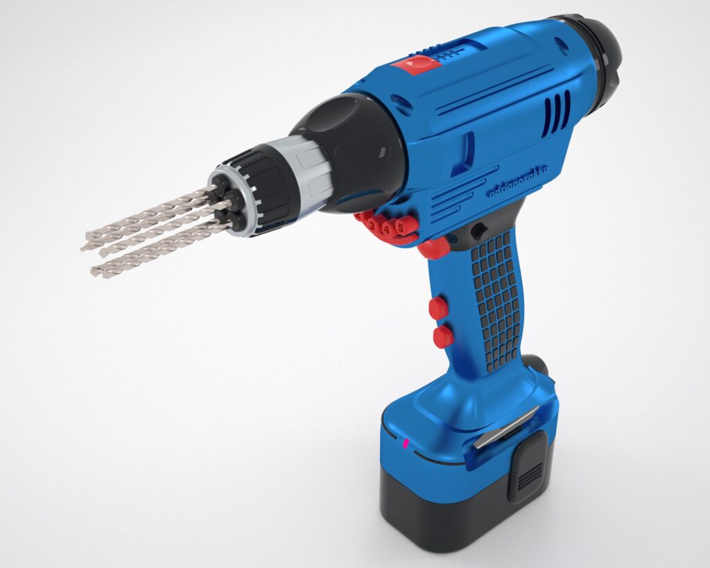 Render 3D di un trapano avvitatore a batteria blu